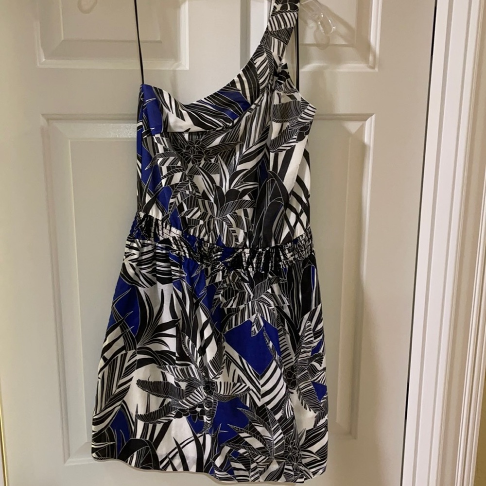 Trina Turk one shoulder dress- black, blue, white